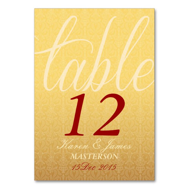 Red & Yellow Damask  Wedding Table Number Card (Back)