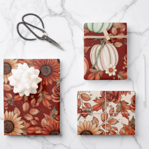 RED & YELLOW FALL SUNFLOWERS & AUTUMN PUMPKINS WRAPPING PAPER SHEET