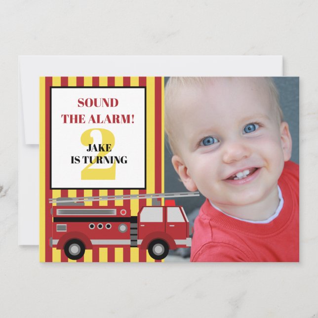 Red Yellow Firetruck Child's 2nd Birthday Photo In Invitation (Front)