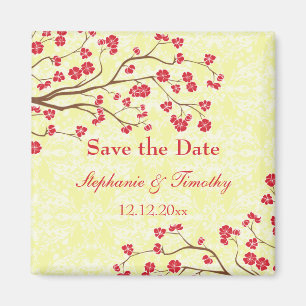 Red + yellow floral damask save the date magnet
