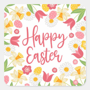 Red Yellow Floral Happy Easter  Square Sticker