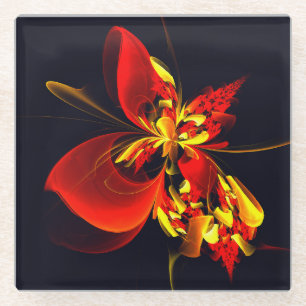 Red Yellow Floral Modern Abstract Art Pattern #10 Glass Coaster