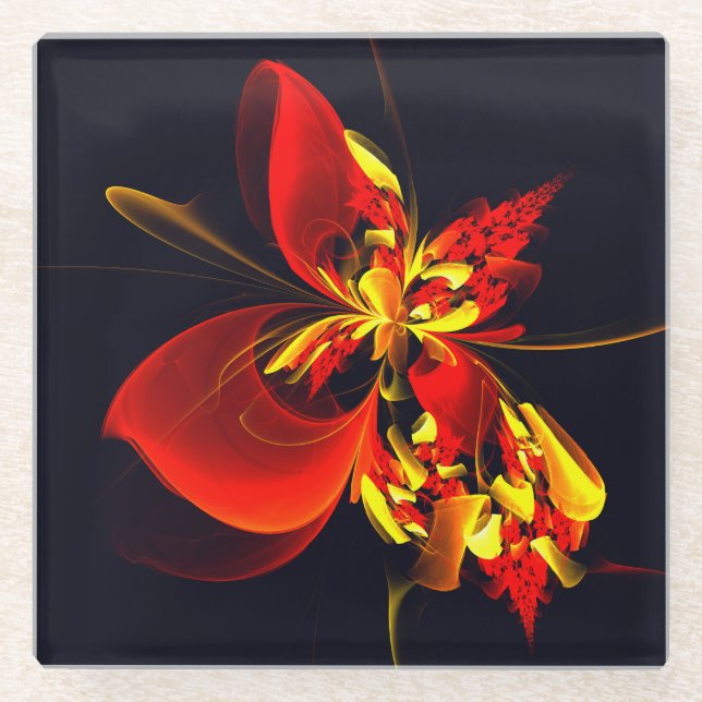 Red Yellow Floral Modern Abstract Art Pattern #10 Glass Coaster (Front)