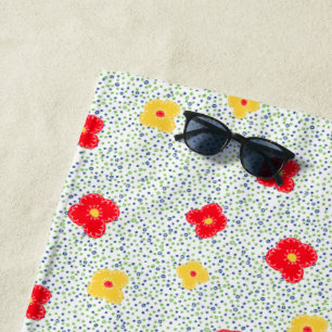 Red yellow flowers green blue circle polka dot beach towel