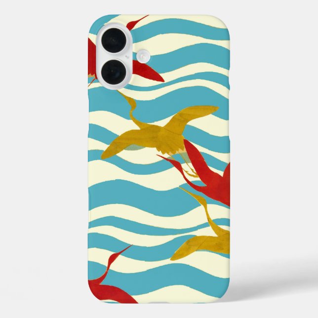 RED YELLOW FLYING CRANES ON WHITE BLUE SEA WAVES Case-Mate iPhone CASE (Back)
