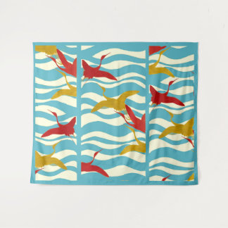 RED YELLOW FLYING CRANES ON WHITE BLUE SEA WAVES TAPESTRY