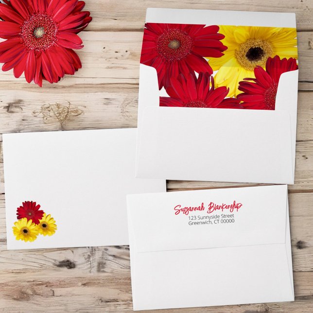 Red Yellow Gerber Daisy Photo Front and Inside Envelope (all envelope design views)