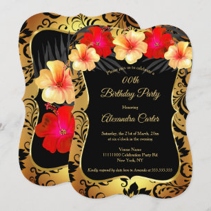 Red Yellow Gold Black Damask Hibiscus Birthday Invitation
