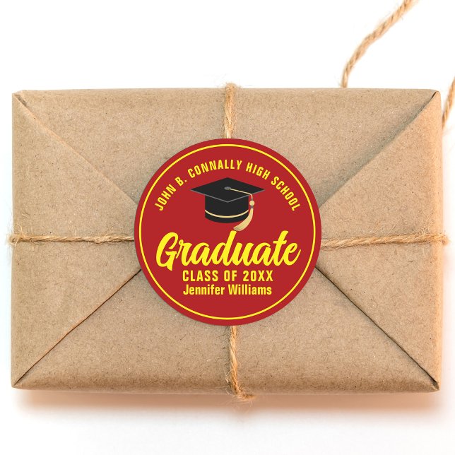 Red Yellow Graduate Custom Graduation Party Classic Round Sticker (Creator Uploaded)