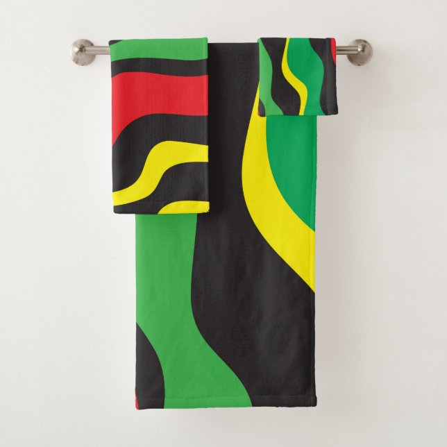 Red Yellow Green Black Rasta Wave Bath Towel Set (Insitu)