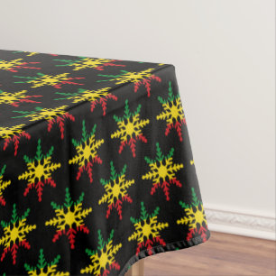 Red Yellow Green Black Snowflakes Pattern Rasta Tablecloth