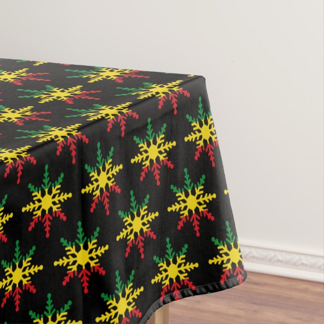 Red Yellow Green Black Snowflakes Pattern Rasta Tablecloth (In Situ)