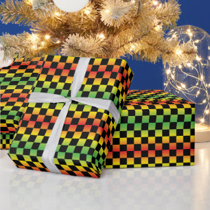 Red Yellow Green Rasta Ombre Chequerboard Wrapping Paper