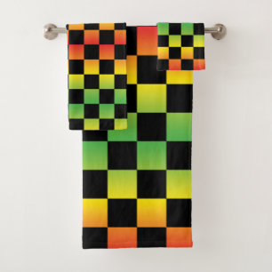 Red Yellow Green Rasta Ombre Chequered Bath Towel Set