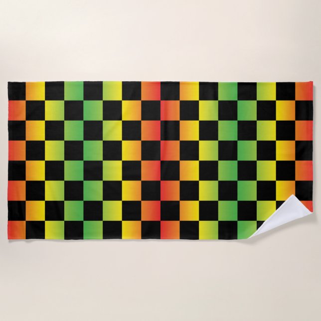  Red Yellow Green Rasta Ombre Chequered Beach Towel (Front)