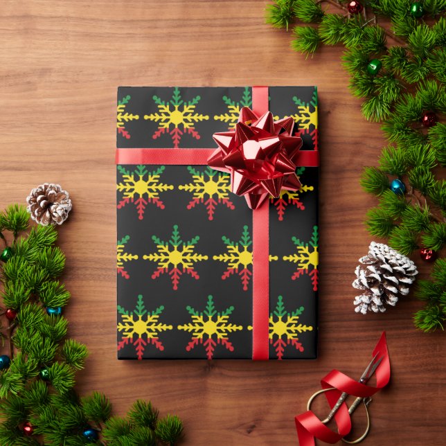 Red Yellow Green Stripes Rasta Christmas Snowflake Wrapping Paper (Holiday Gift)