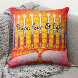 Red Yellow Hanukkah Menorah Peace Love  Light Bold Cushion<br><div class="desc">“Peace, love & light.” A close-up photo of a bright, colourful, red orange and yellow gold artsy menorah helps you usher in the holiday of Hanukkah in style. Feel the warmth and joy of the holiday season whenever you relax on this stunning, colourful Hanukkah throw pillow. Makes a striking set...</div>
