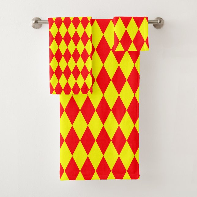 Red Yellow Harlequin Checkered Design  Bath Towel Set (Creator Uploaded)