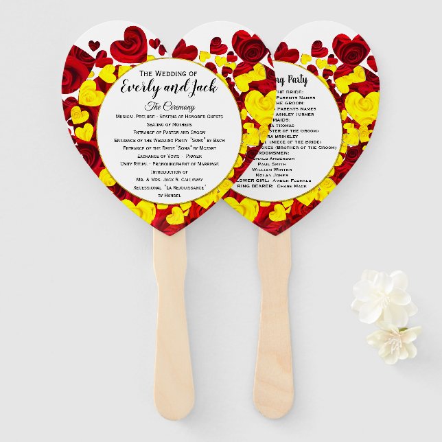 Red & Yellow Hearts & Roses Wedding Program Hand Fan (Front and Back)