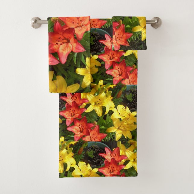 Red & Yellow Lilly Flower Designed Towel Set (Insitu)