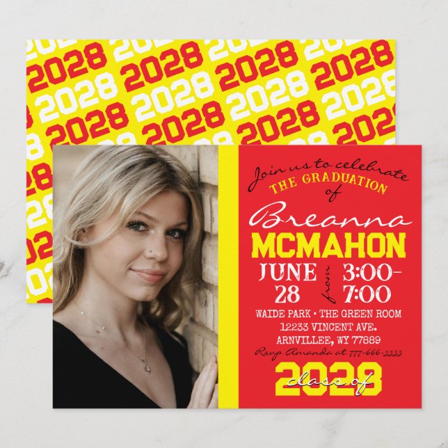 Red & Yellow Modern Graduation Photo Invitation (Front/Back)