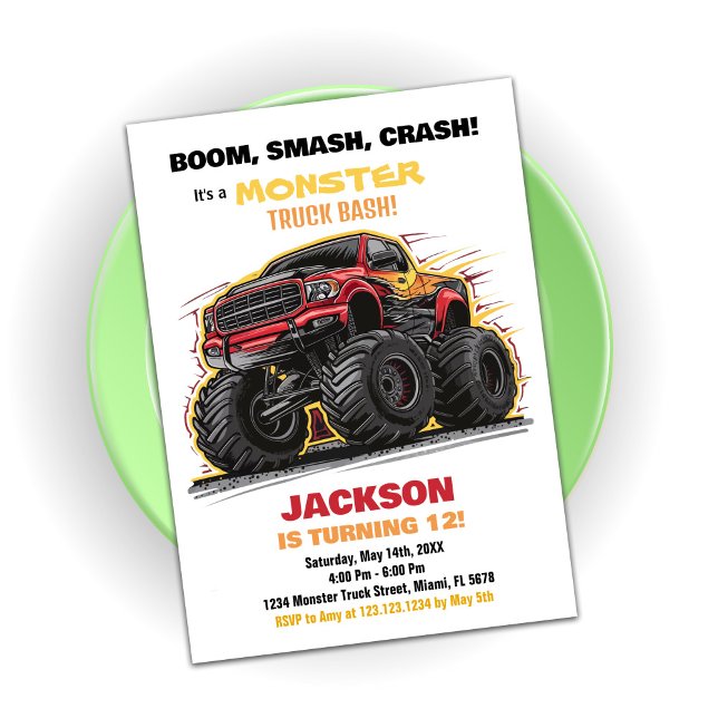 Red Yellow Monster Truck Birthday Invitations (Red Yellow Monster Truck Birthday Invitations)
