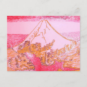 Red Yellow Mt. Fuji Japan Drawing of Hokusai Paint Postcard