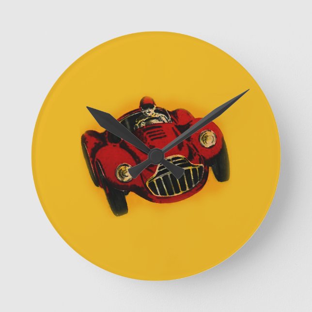 Red Yellow Old Auto Racing Car Round Clock (Front)