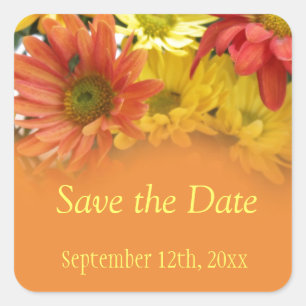Red, yellow, orange daisy flowers save the date square sticker