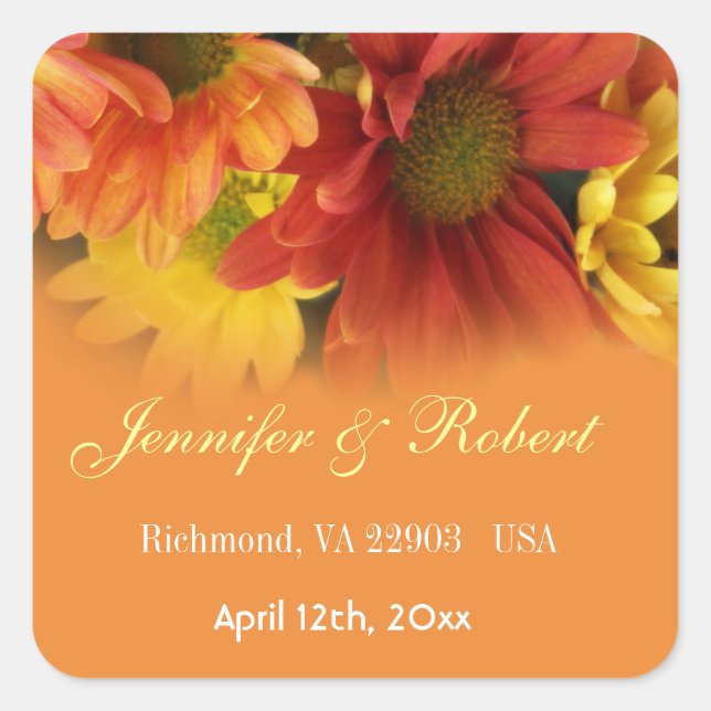 Red, yellow, orange daisy flowers wedding favour square sticker (Front)