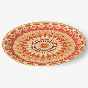 Red Yellow Orange Summer Sun Mandala Pattern Paper Plate