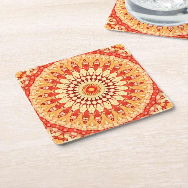 Red Yellow Orange Summer Sun Mandala Pattern Square Paper Coaster (Angled)