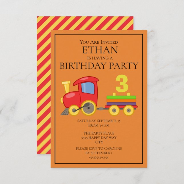 Red Yellow Orange Train Child's Birthday Party Invitation (Front/Back)