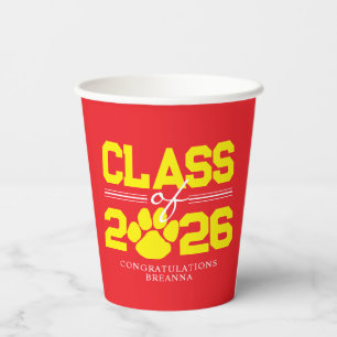 Red & Yellow Pawprint Graduation Class Year Paper Cups
