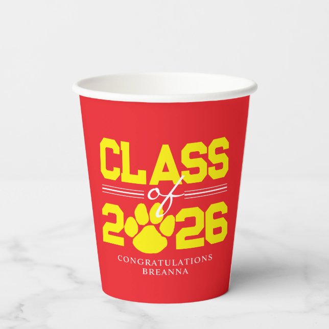 Red & Yellow Pawprint Graduation Class Year Paper Cups (Back)