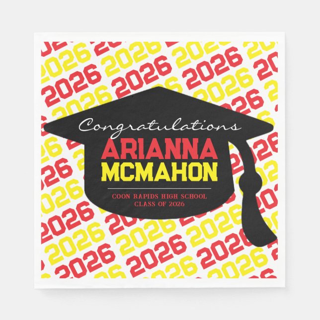 Red & Yellow Personalised Graduation Cap Paper Napkin (Front)