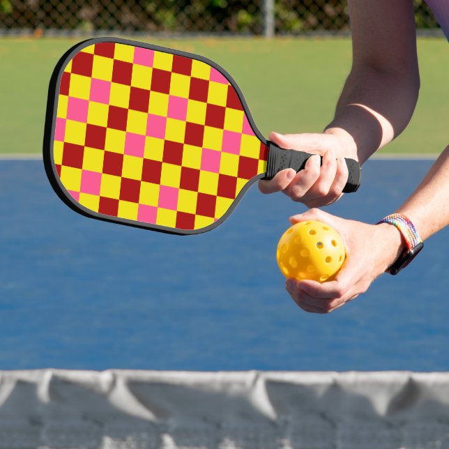 Red Yellow Pink Checkered Pattern Design  Pickleball Paddle (Insitu)