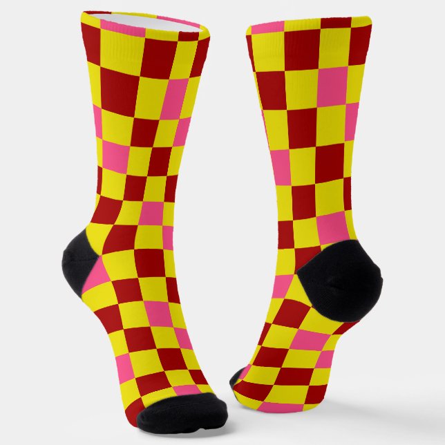 Red Yellow Pink Checkered Pattern Design  Socks (Angled)
