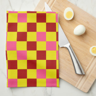Red Yellow Pink Chequered Pattern Design Tea Towel
