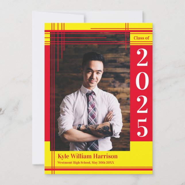 Red Yellow School Colour Graduation Photo Plaid Invitation (Front)