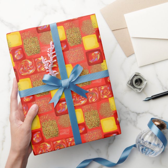 Red & Yellow Square Faux Glitter Opal Wrapping Paper (Gifting)