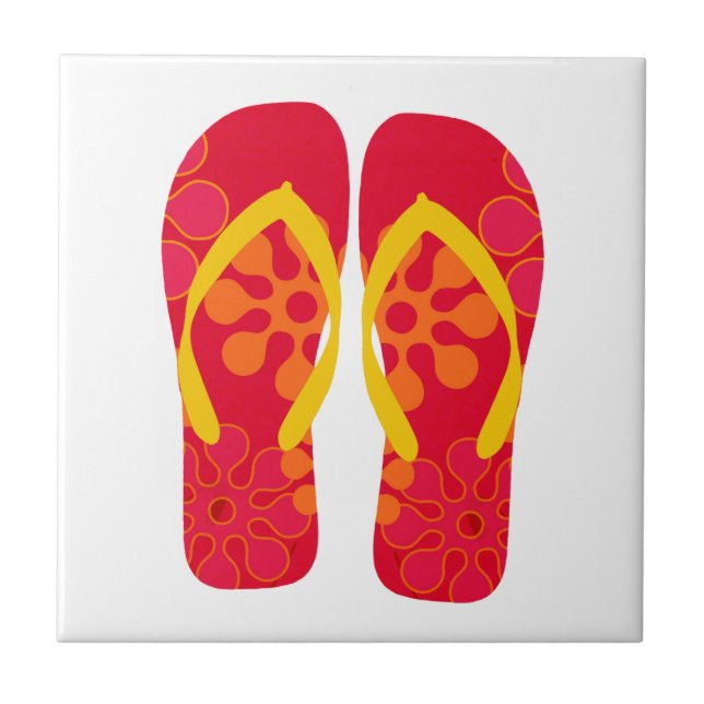 Red Yellow Summer Beach Flip Flops Ceramic Tile (Front)