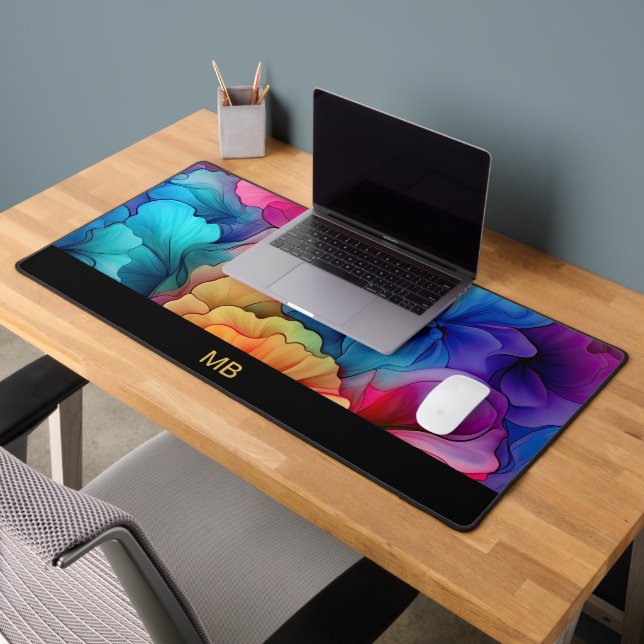 Red Yellow Teal Purple Alcohol Ink Floral Monogram Desk Mat (Office 2)