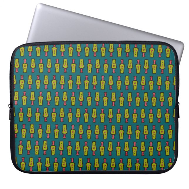 Red, Yellow Tribal Pattern on Teal: Laptop Sleeve (Front)