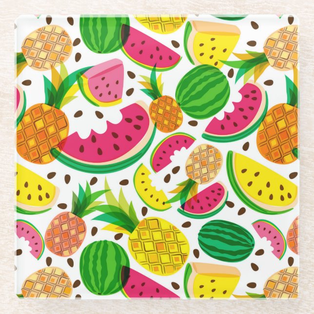 Red & Yellow Tropical Fruit Pattern Glass Coaster (Front)