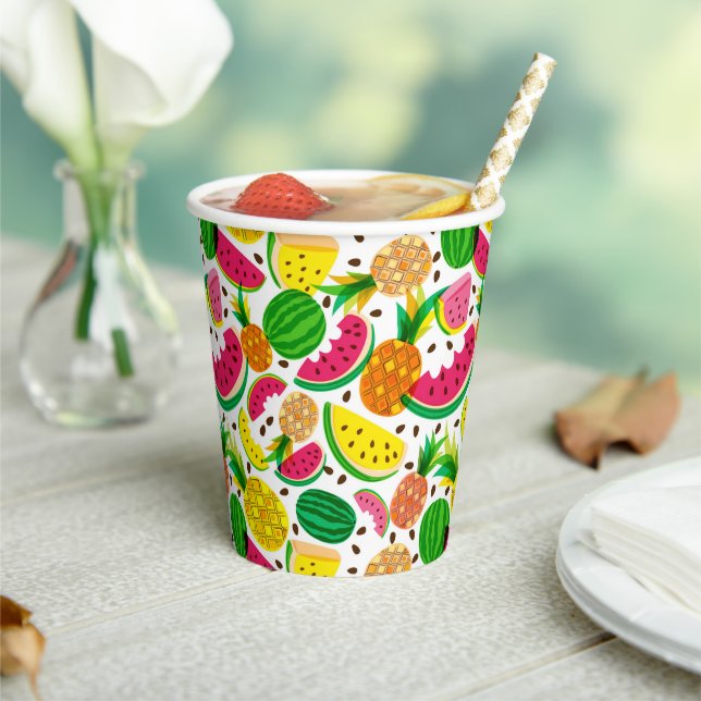 Red & Yellow Tropical Fruit Pattern Paper Cups (Insitu)