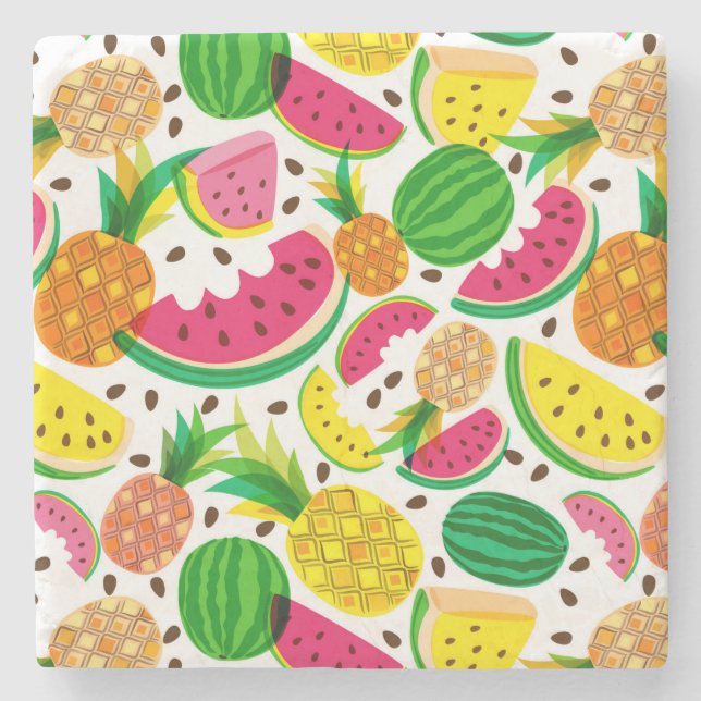 Red & Yellow Tropical Fruit Pattern Stone Coaster (Front)