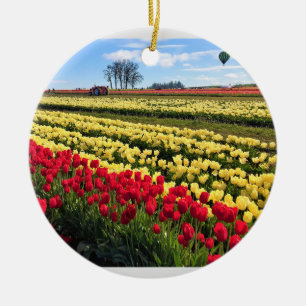 Red & Yellow Tulip Field with Hot Air Balloon Ceramic Tree Decoration