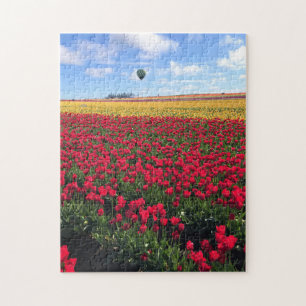 Red & Yellow Tulip Field with Hot Air Balloon Jigsaw Puzzle