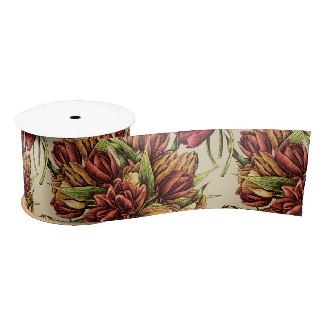 Red yellow Tulips Bouquet Pattern Satin Ribbon (Spool)